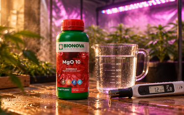cal mag – Bionova MgO 10 magnesium mineral next to a measuring jug and EC pH meter in a grow tent