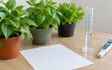 Feeding chart for plants next to a measuring cylinder, pH meter and healthy green plants