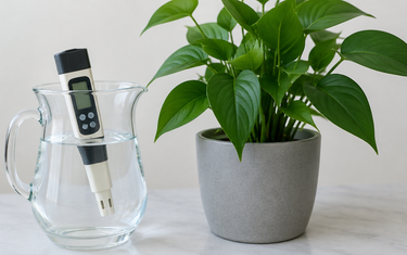Calcium deficiency plants: healthy green plant in a pot next to a jug of water with an EC and pH pen meter