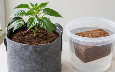 Coco brick guide: hydrated coco coir in a fabric pot with a healthy young plant and a coco brick expanding in water
