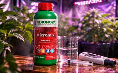 trace elements plants – Bionova Micromix 1 L bottle next to a beaker, syringe and EC meter in a grow tent with purple LED light