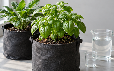 Vegan fertilizer guide: healthy green plants in fabric pots with a measuring jug of water on a neutral background
