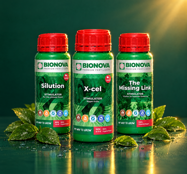 Bionova X-ceL, Silution and The Missing Link on a dark green background with fresh leaves