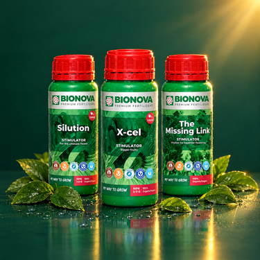 Bionova X-ceL, Silution and The Missing Link on a dark green background with fresh leaves