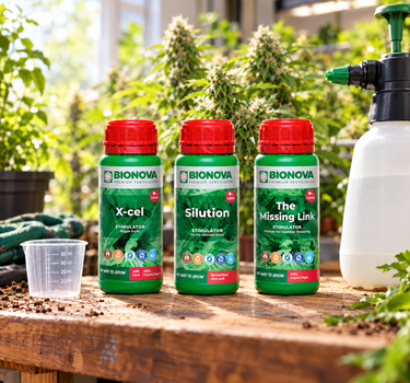 Bionova X-ceL, Silution and The Missing Link on a potting bench in a grow room