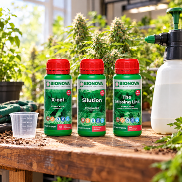 Bionova X-ceL, Silution and The Missing Link on a potting bench in a grow room